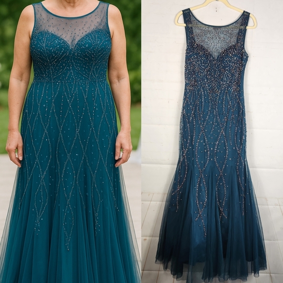 Xscape Beaded Embellished Wedding Mother of The Bride Evening Maxi Gown Green 10 - Picture 1 of 14